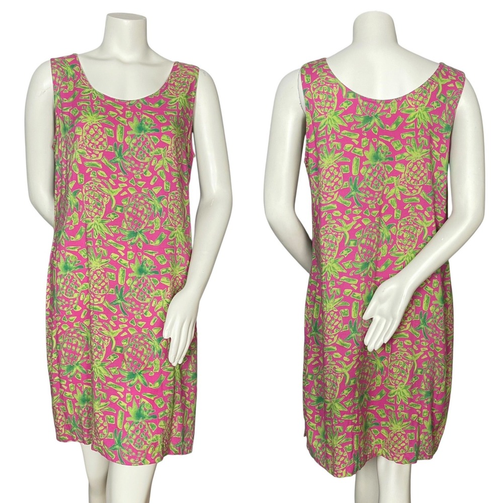 Vintage Pineapple Dress Neon Shift Sleeveless Lime Green Pink Scoop Neck‎ Summer